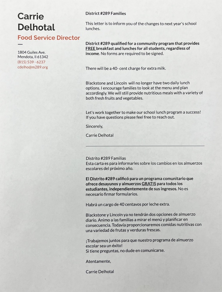 Food Service Director Letter to Families